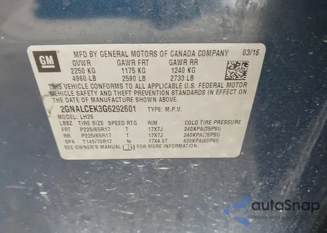 2016 Chevrolet Equinox Lt from USA, damaged, VIN 2GNALCEK3G6292601